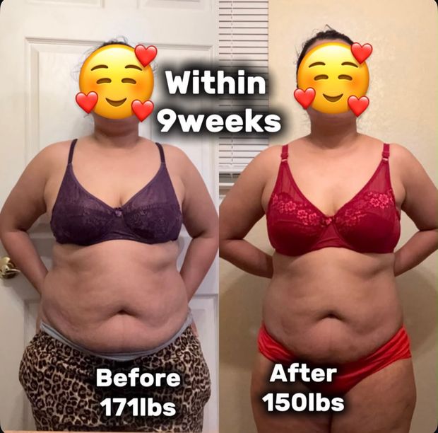 Client before and after: 21 lb lost in 9 weeks
